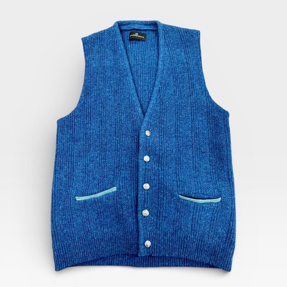 Vintage Puritan Sweater Vest 70s Blue Front Pocket Cardigan